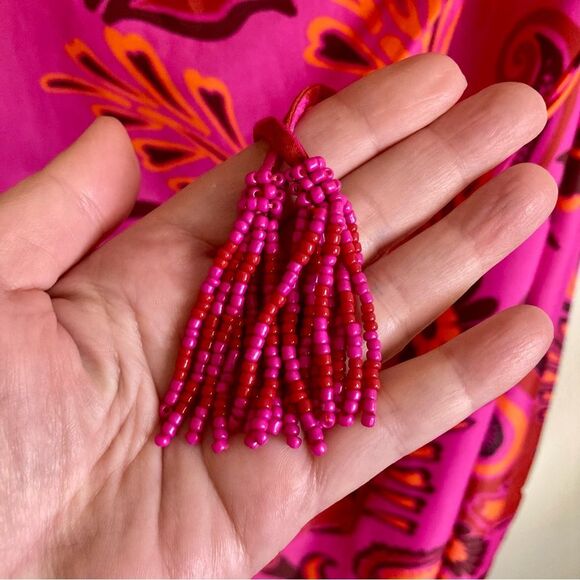 NEW FARM Rio Bold Floral Pink Midi Dress One Shoulder Cut-Out Beaded Ties Size L - Picture 12 of 16